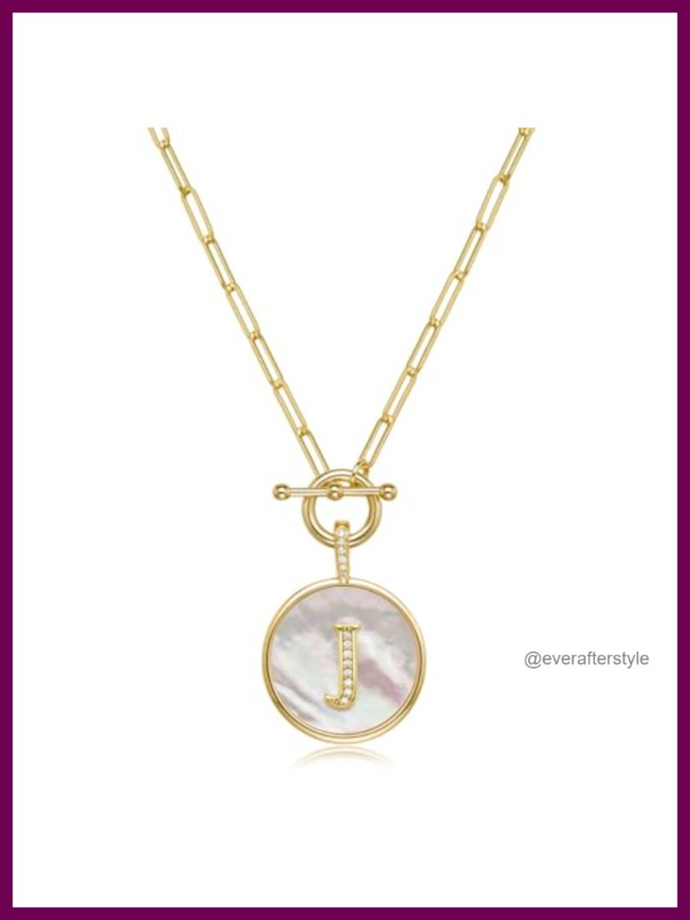 14K Gold Filled Initial Necklace with Mother of Pearl CZ Pendant, Paperclip